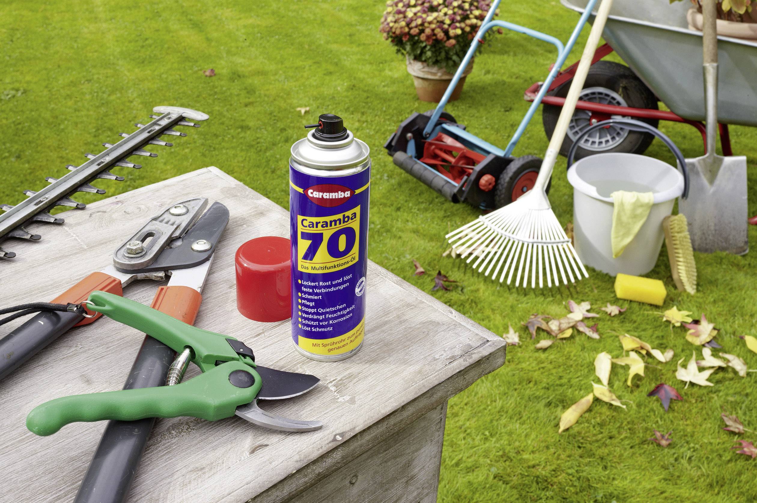 Garden tools such as hedge trimmer, pruning shears and spray can on table; in the background, lawnmower, rake and wheelbarrow on lawn.