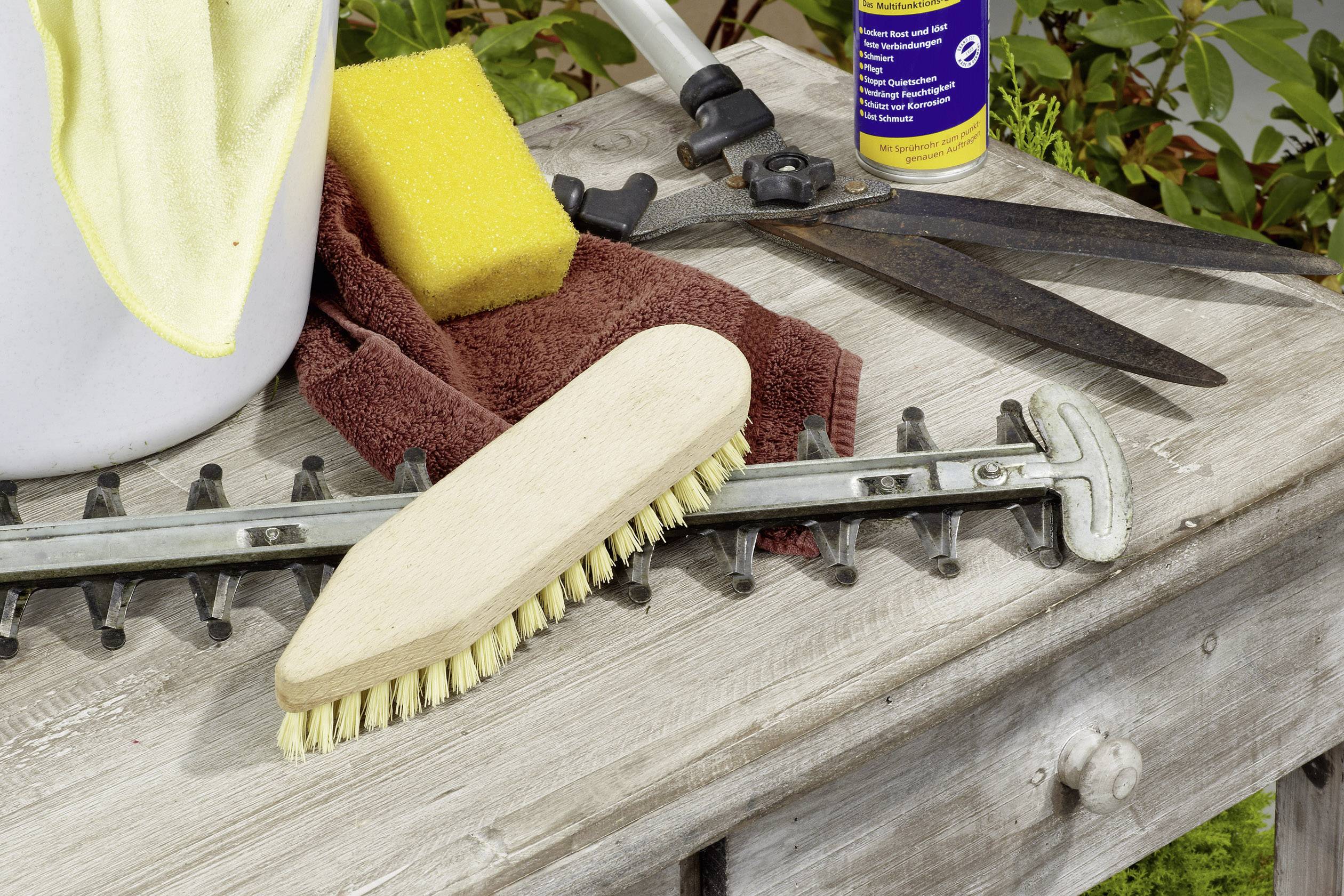 Garden tools on a table: hedge trimmer, wire brush, cleaning cloth, spray can and sponge. Outdoor garden preparation.