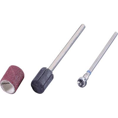A reddish-brown iridescent grinding attachment, a black grinding attachment, and a metal milling cutter with a round tip are shown as tools.