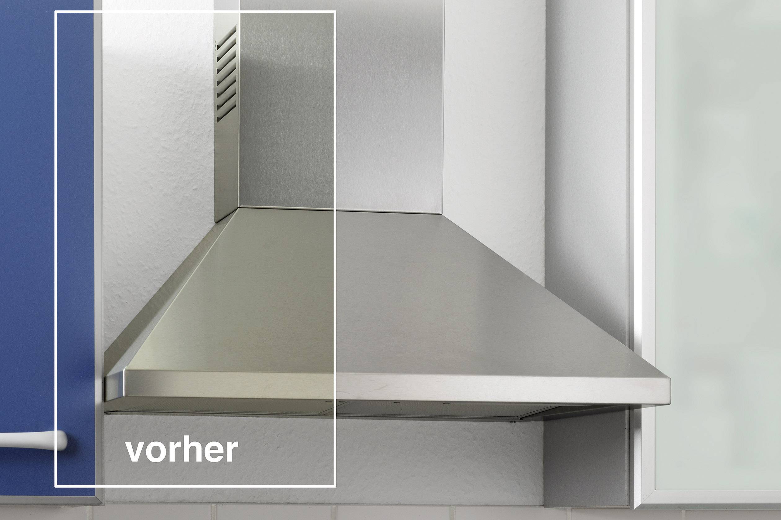'Cooker hood with the label "before" in the bottom left of the image. The hood is made of stainless steel and is located in a kitchen.'