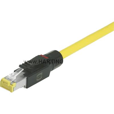 Yellow Ethernet cable with black plug, showing a network connection technique. Brand name visible on plug.