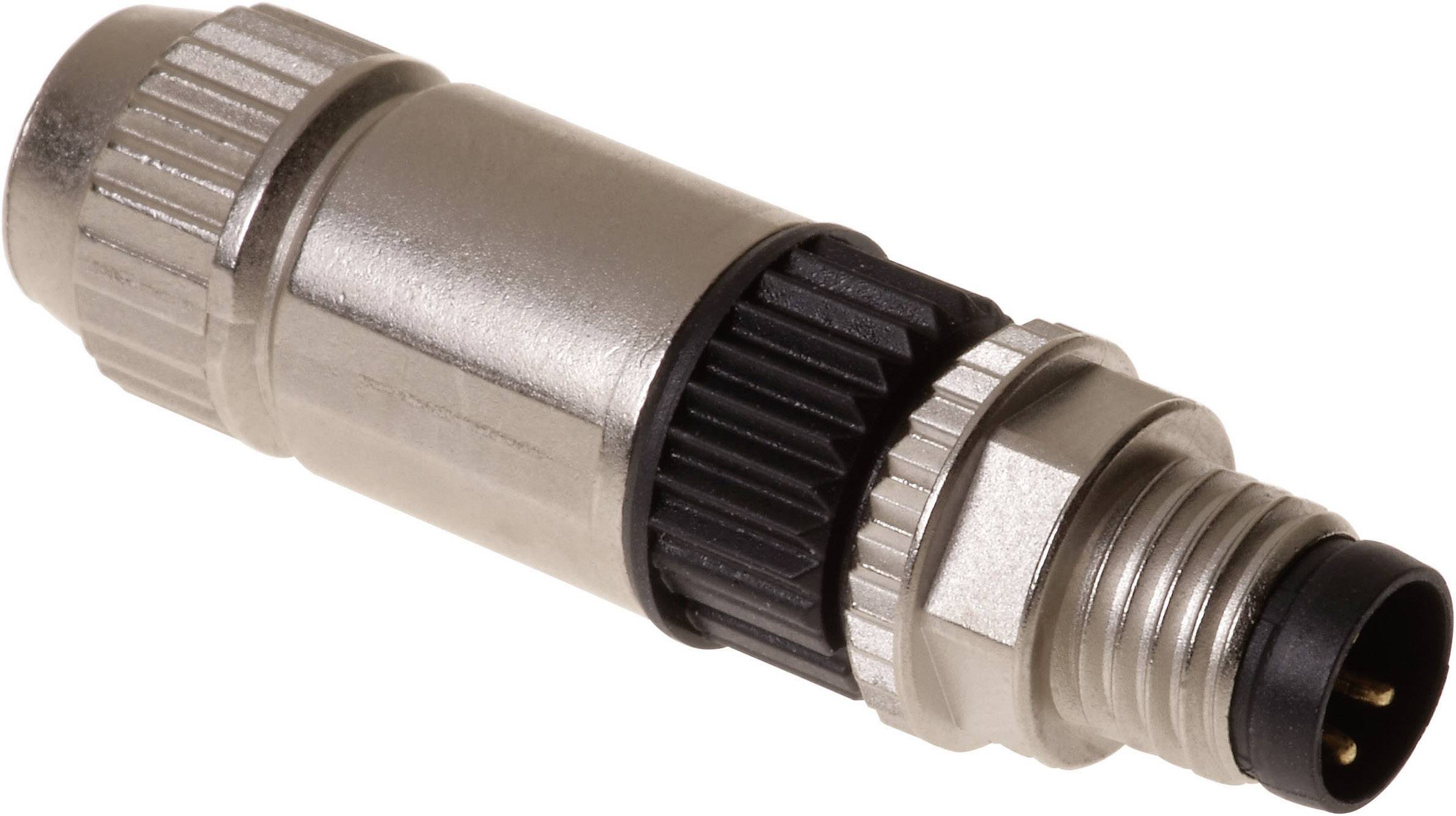 Metal plug connectors with knurled grip and threaded screw, suitable for industrial applications or electronic devices.