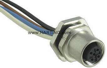 Silver connector with multiple cables and the inscription 'www.HARTING.com'.