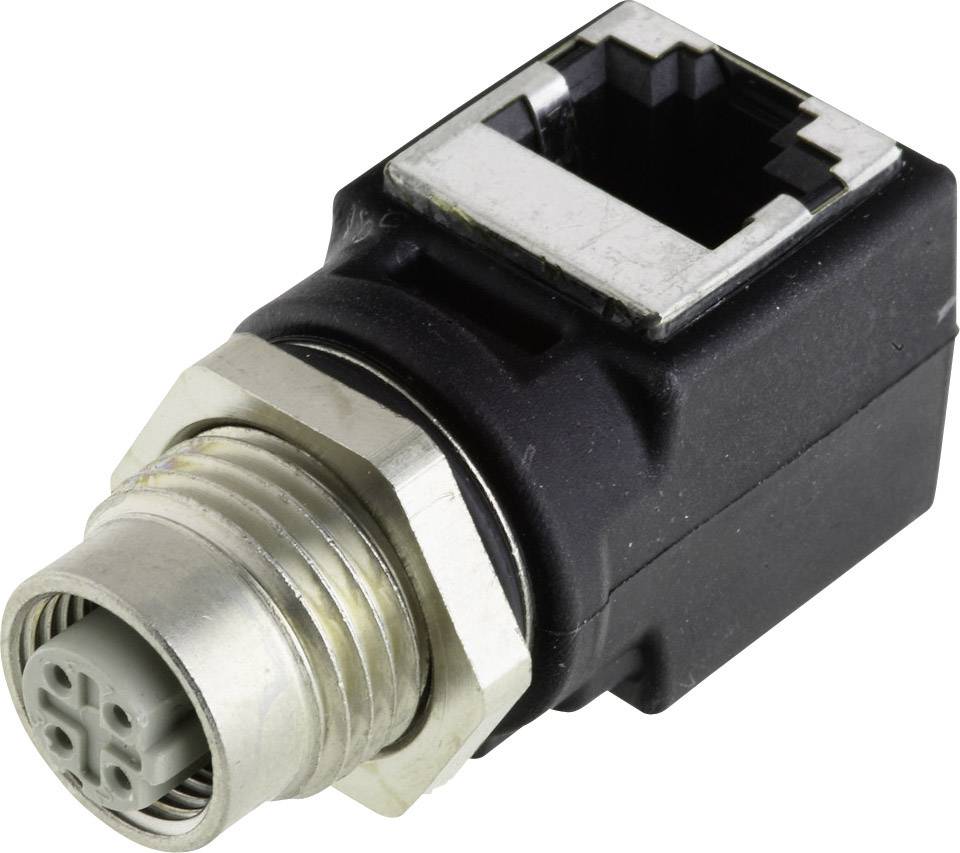 A black M12 connector with an Ethernet port, commonly used in industrial applications to connect devices.