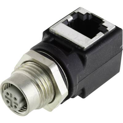 A black M12 connector with an Ethernet port, commonly used in industrial applications to connect devices.