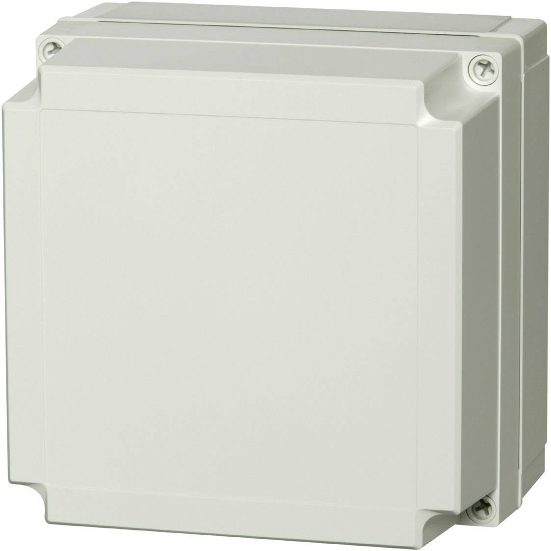 A rectangular, grey enclosure with screws at the corners, likely intended for electronic components or wiring.
