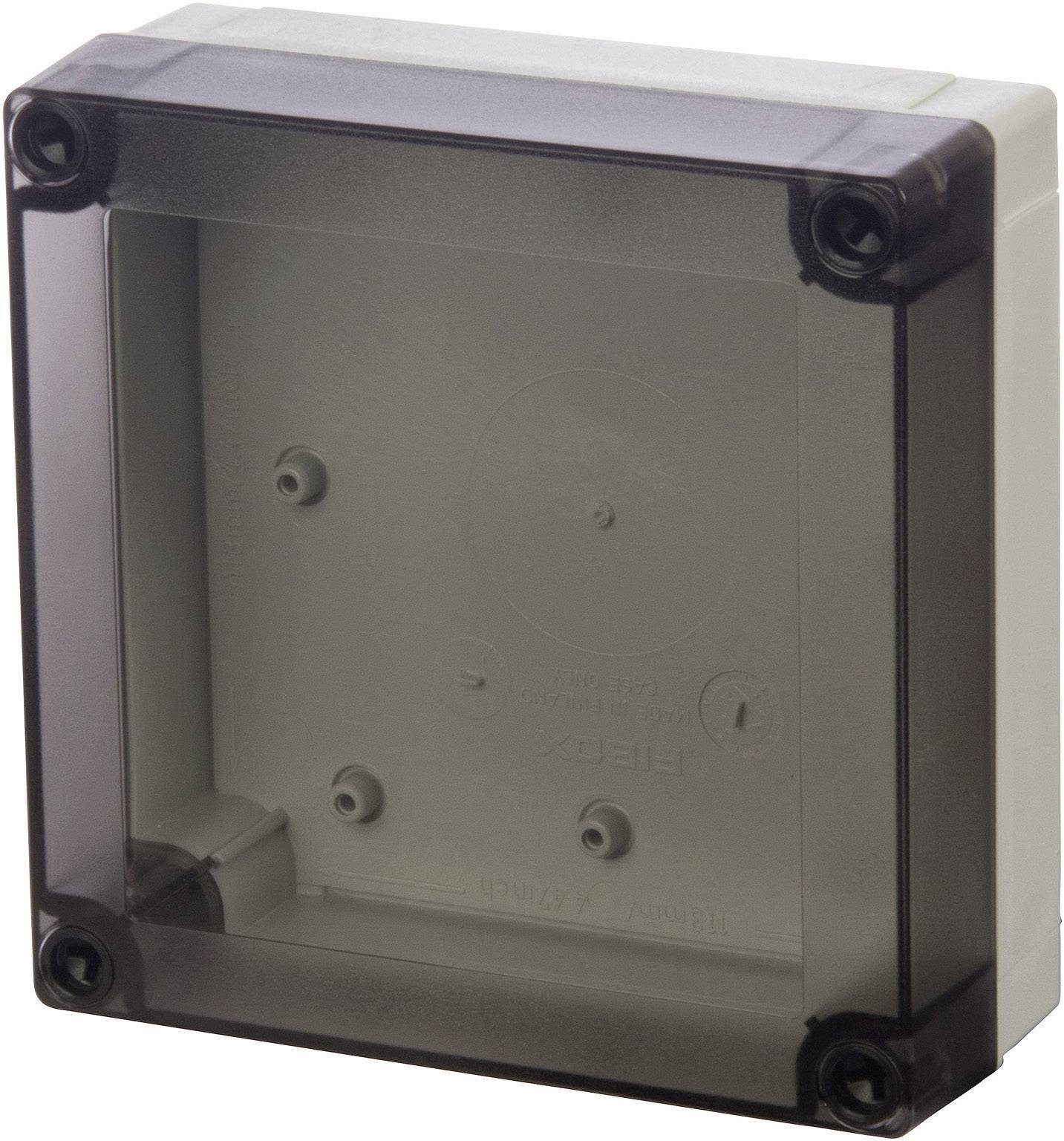 Grey, translucent enclosure with four screws at the corners, suitable for electrical installations in indoor environments.
