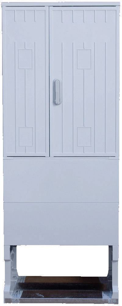 Grey, tall metal cabinet with two doors and a handle, standing on a metal frame. Ideal for storage in workshops.