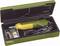 A green toolbox containing a yellow electric multi-functional tool and accessories, such as grinding discs and drill bits.