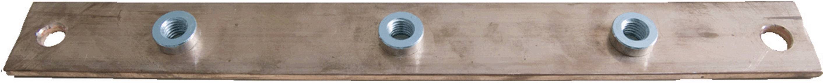 Copper bar with four blue screw connections, horizontally aligned and featuring holes at both ends.