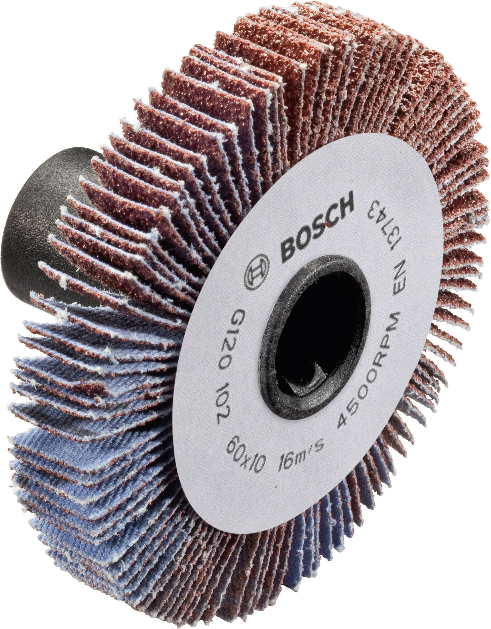 Grinding disc with blue-red lamellae and inscription 'BOSCH G120 102'. Suitable for 4500 RPM, diameter: 60x10mm at 16m/s.