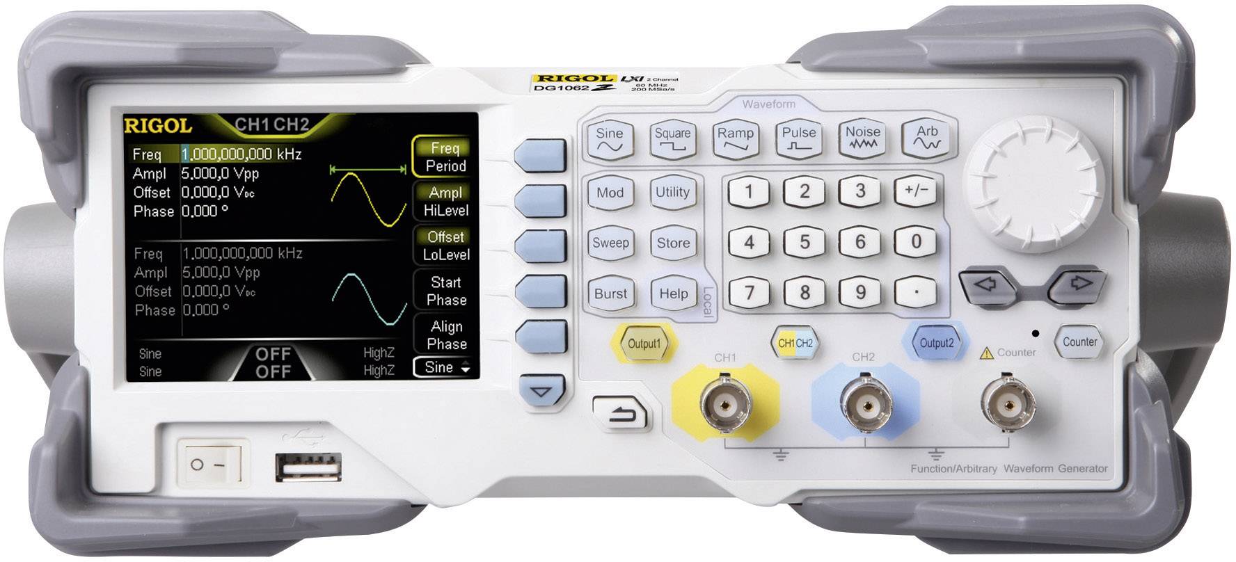 An oscilloscope with a screen, multiple buttons and sockets displays waveforms and frequencies for technical measurements.