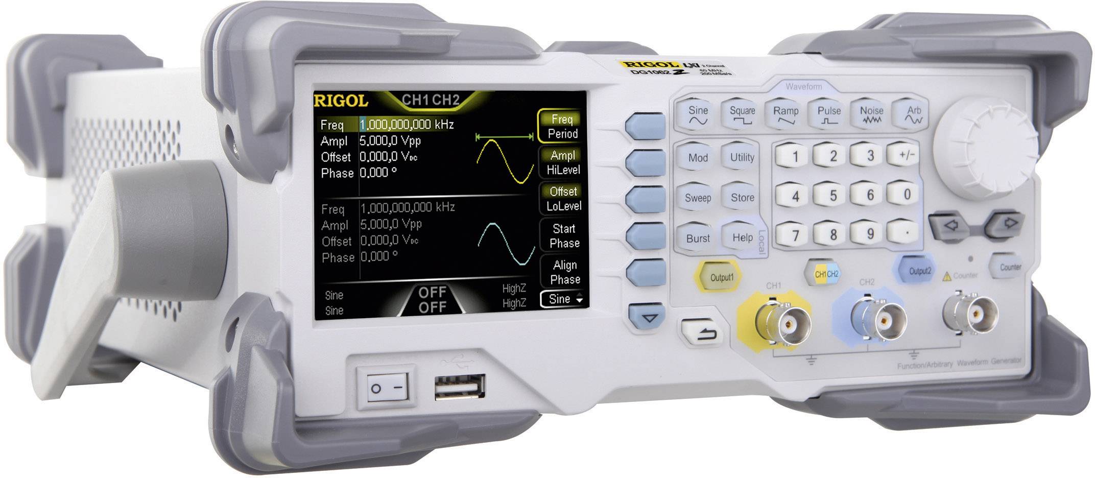 A function generator with frequency and waveform display, setting buttons and sockets for signal connections.