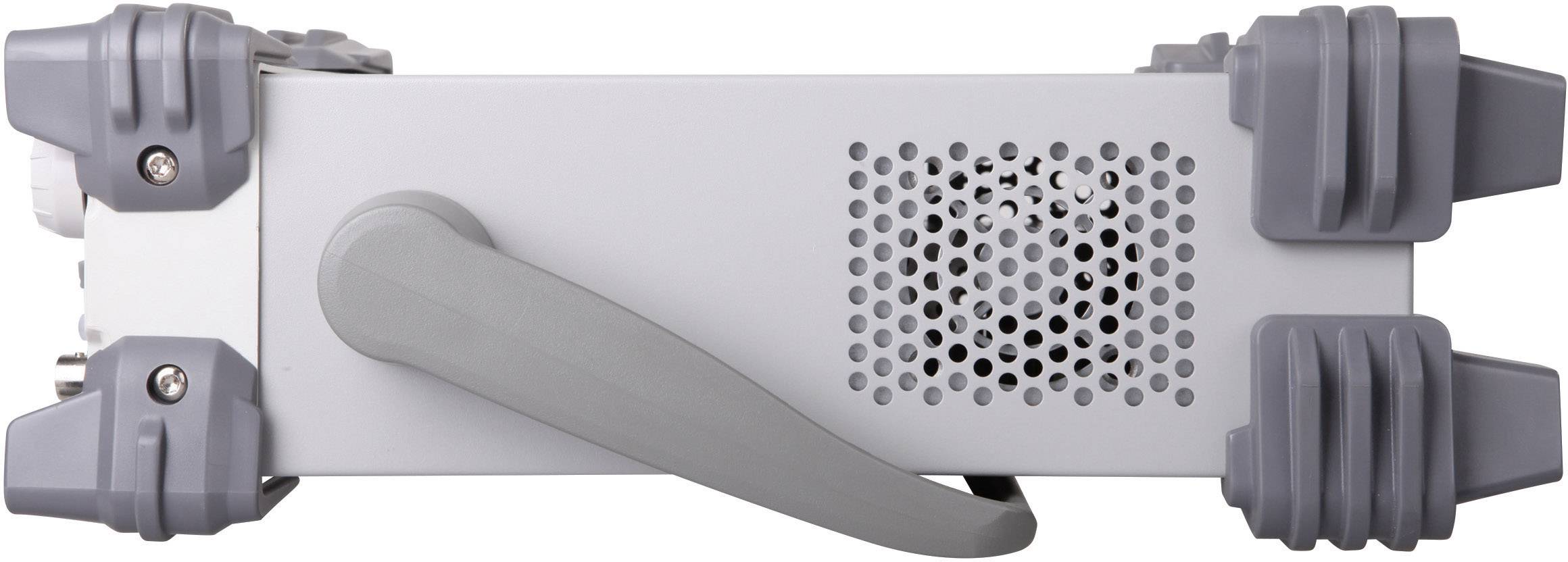 Side view of an electronic device with a grey carrying handle and grey protective edges. Ventilation openings are visible.