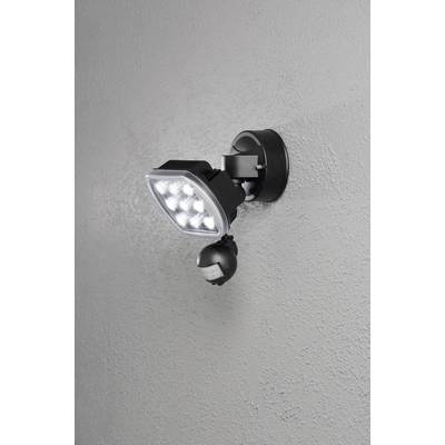 External wall light with a black housing, multiple LED lamps, and motion sensor, mounted on a grey wall.