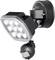 Black outdoor wall light with six LED lights and motion sensor, mounted on a wall.