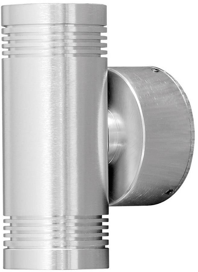 A modern, cylindrical exterior wall light made of brushed metal. It emits light upwards and downwards.
