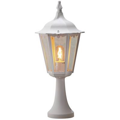 White outdoor lantern with classic design and visible, glowing LED bulb. Suitable for illuminating garden paths.