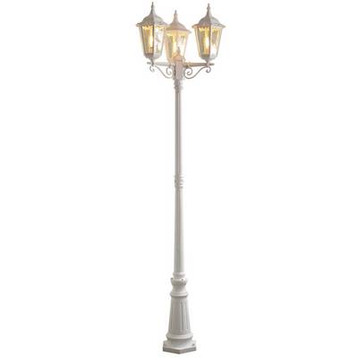 White street lamp with three lamp heads, radiating warm light. Retro style, suitable for classic outdoor areas.