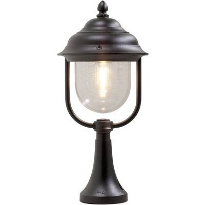 Black lantern with clear glass dome and illuminated light bulb inside. Suitable for outdoor or garden lighting.