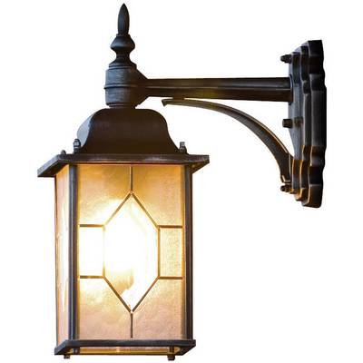 A rustic wall light made of metal and glass with warm lighting, mounted on an external wall.