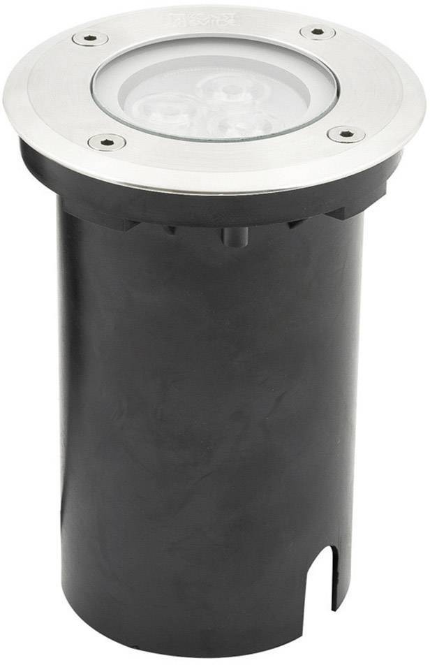 Round recessed ground light with black housing and silver rim; top surface with glass cover suitable for outdoor lighting.