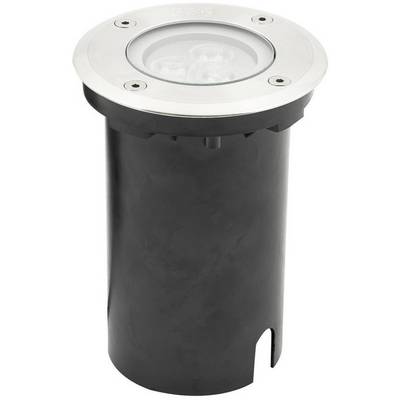 Round recessed ground light with black housing and silver rim; top surface with glass cover suitable for outdoor lighting.