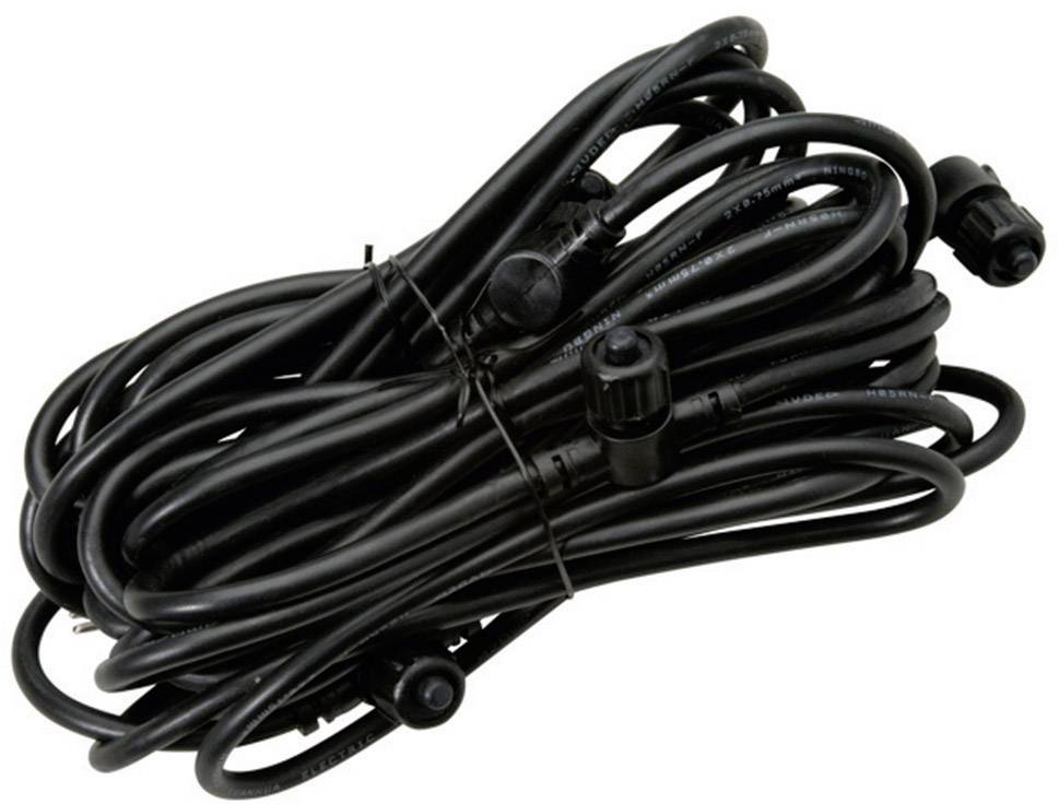 A long, black cable strand, neatly coiled, with several plug connections visible at the ends.