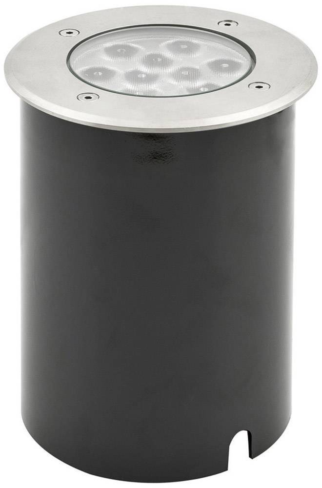 Black cylindrical LED ground light with silver rim and multiple LEDs, suitable for outdoor lighting.
