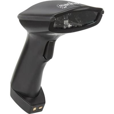 A black handheld scanner in a rectangular shape, used for scanning barcodes or QR codes.