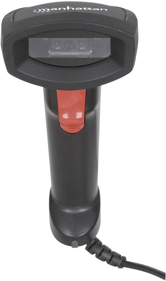 Wired barcode scanner in a vertical position, black casing with a red accent.