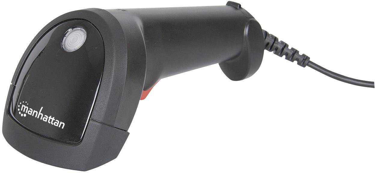 'Black handheld barcode scanner with cable, brand logo visible. Suitable for scanning barcodes in shops or offices.'