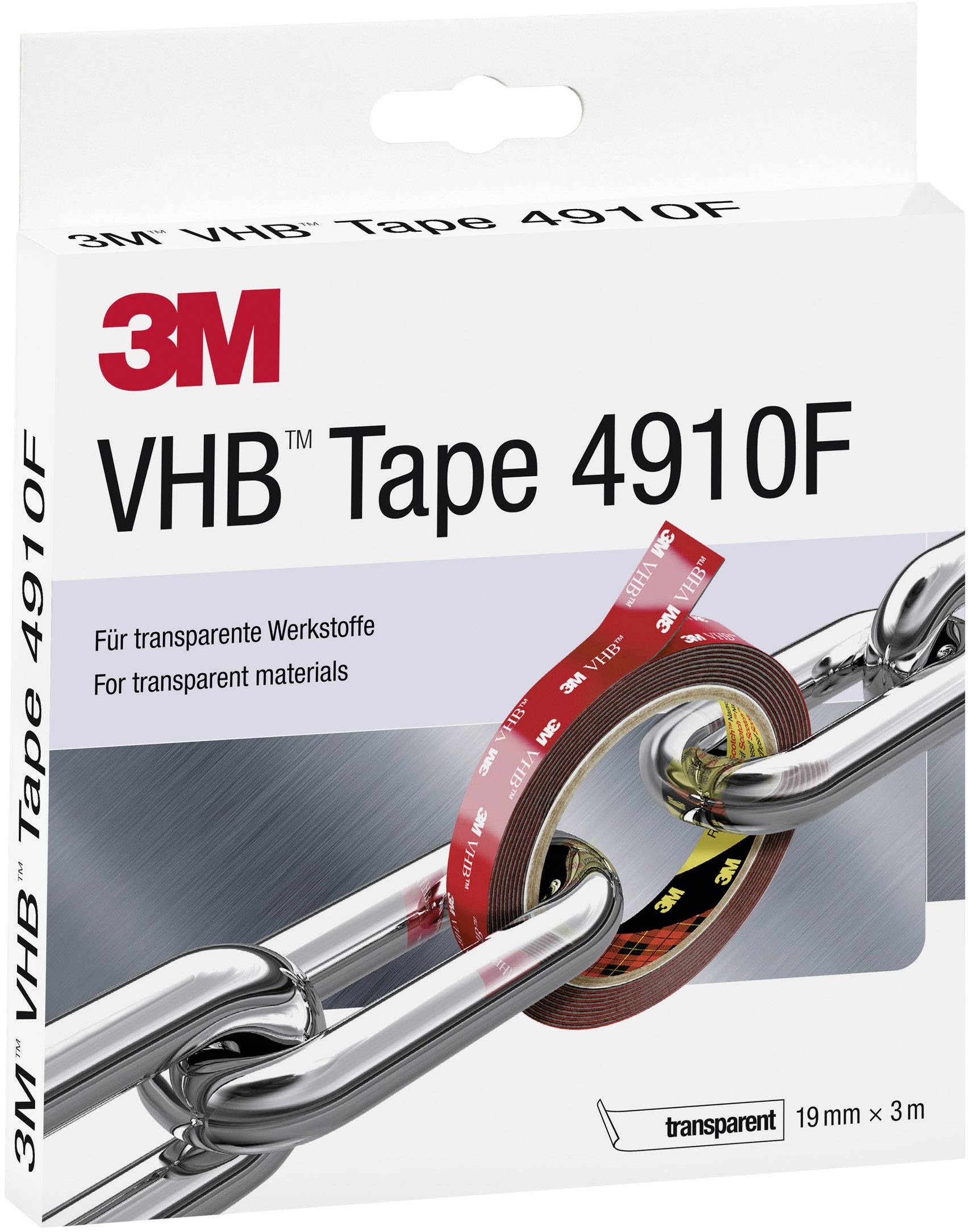 Packaging of 3M VHB Tape 4910F shows the transparent adhesive tape connecting two metal chain pieces. Suitable for transparent materials.