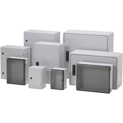 Several grey electrical cabinets of varying sizes, some with transparent doors, arranged side by side on a white background.