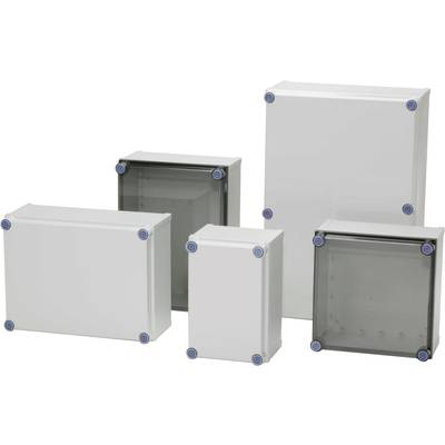 Five rectangular plastic enclosures of varying sizes, white or grey, with blue corners, for use in electronic projects.