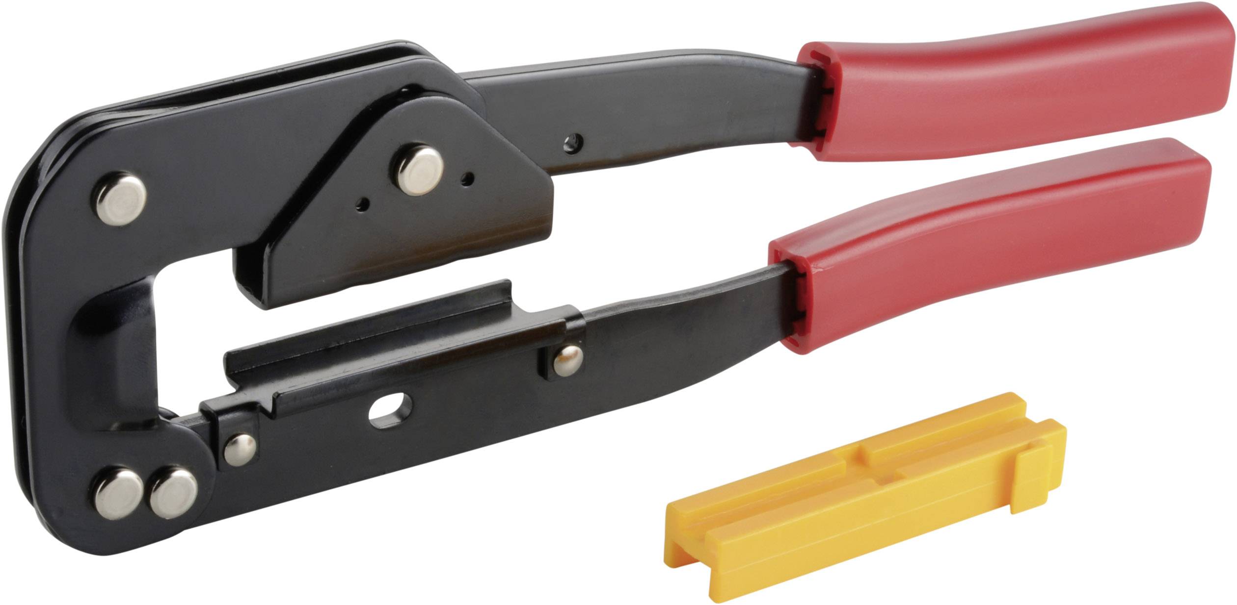 Crimping tool with red handles and a yellow plastic guide. Used for crimping cables and connectors.