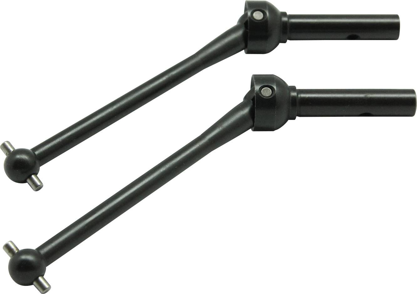 Two black metal axles with joints, presumably for use in models or machines, are lying side by side on a white surface.