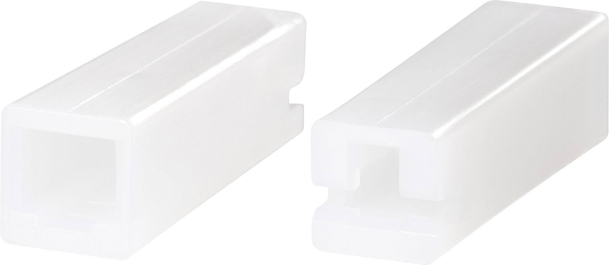 Two white plastic connectors with a rectangular shape that can be used for electrical connections.