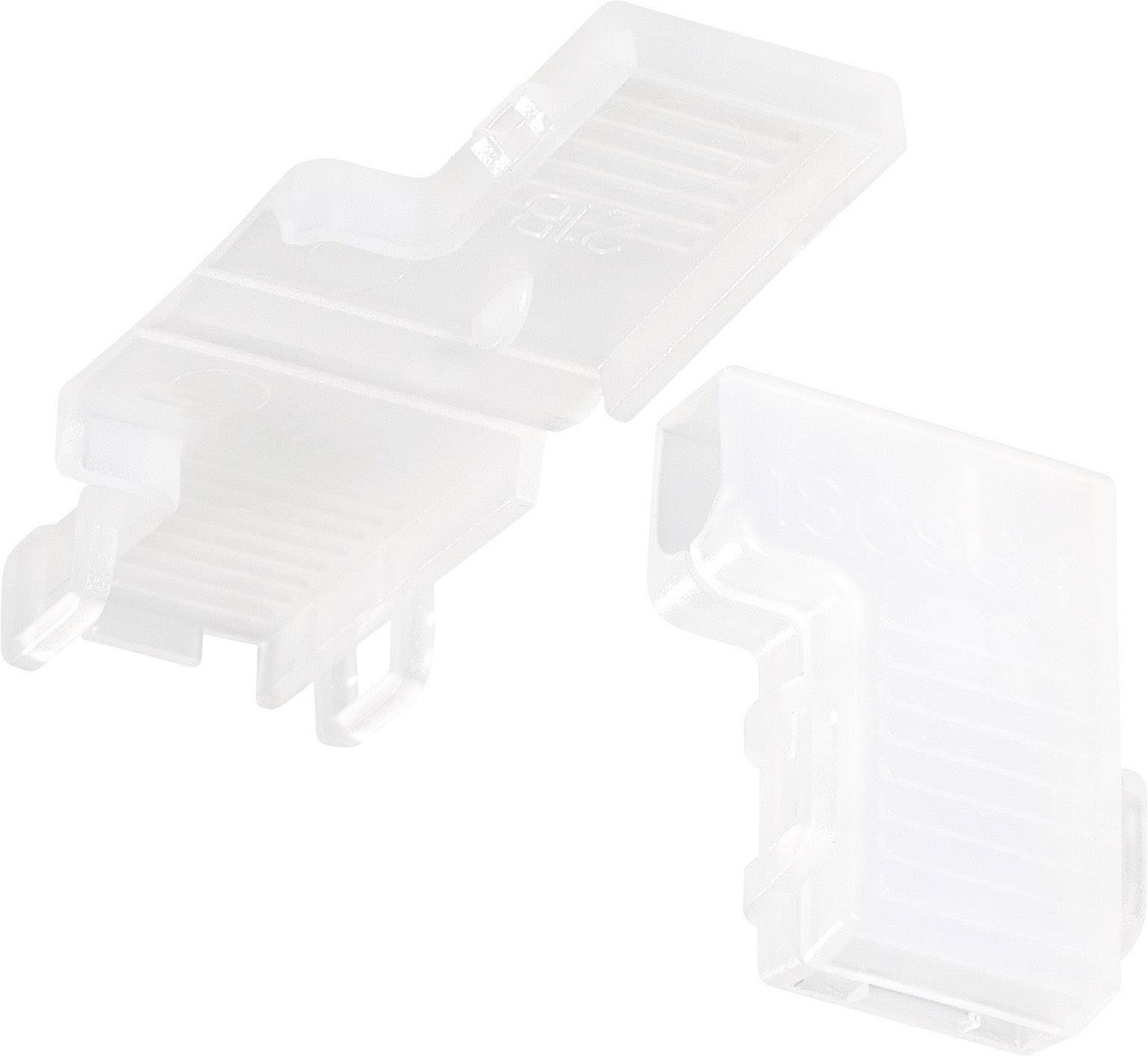 Two transparent plastic connector parts for LED light strips in an angled design, for electrical connection.