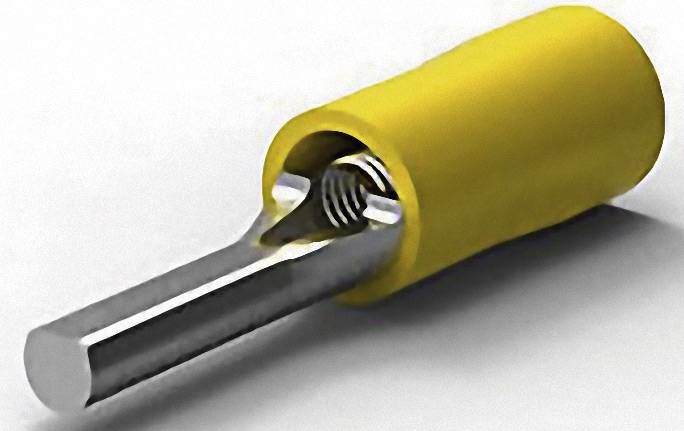 A yellow cable lug with a cylindrical metal section and insulation, commonly used in electrical applications for connecting wires.