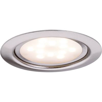 Round recessed light fitting with a contemporary silver frame. Warm white LEDs are visible. Ideal for stylish interiors.