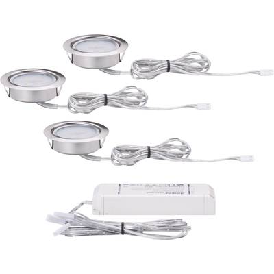 Three round LED recessed lights with silver frames, connected by cables to a white transformer. Suitable for ceiling mounting.