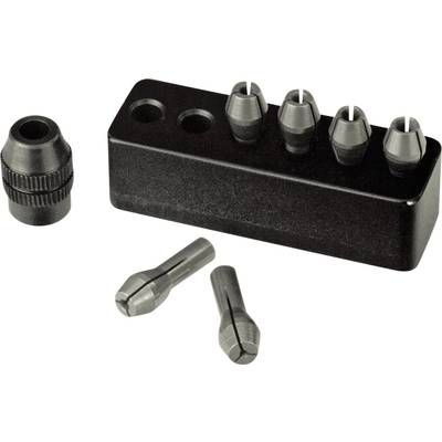 A set of collets with holder, consisting of five collets and a black block holder. Ideal for precise drilling.