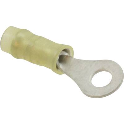 Yellow insulated cable lug with an open metal ring, suitable for electrical connections and secure cable fastening.