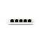 A white network switch with five Ethernet ports, labelled from 1 to 5. LED indicators for status and activity are visible.