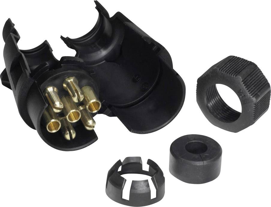 'Black round plug with multiple golden metal contacts and removable plastic components, suitable for electrical connections.'