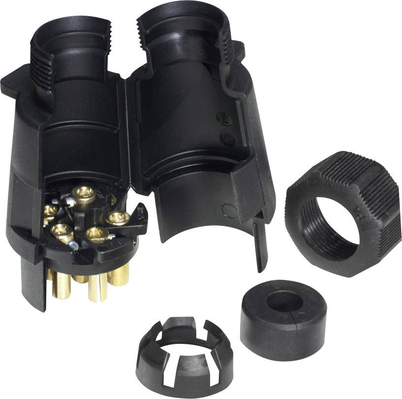 Black electric plug with seven golden pins, partially open, beside a screw cap and other small plastic components.