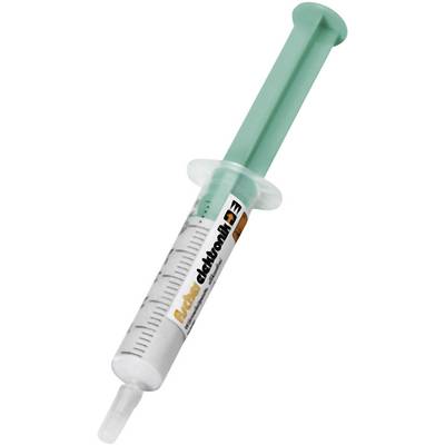Green syringe with ml scale, filled with transparent liquid. Suitable for medical or scientific applications.