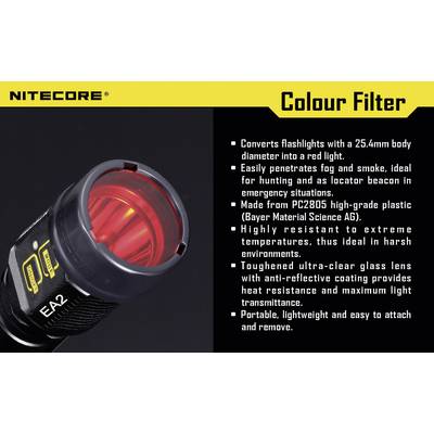 'Colour Filter' by NITECORE. Converts torch light into a red light. Manufactured from PC2805 plastic. Heat-resistant and shock-resistant.