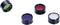 Four lenses in different colours: green, red, blue and clear, on a black plastic casing, suitable for photography or scientific purposes.